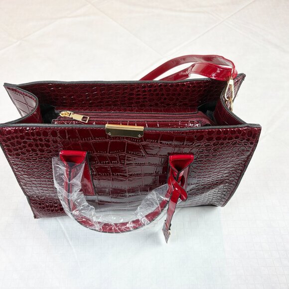 Burgundy and Red Faux Crocodile Embossed patent leather top handle Crossbody Bag - Picture 6 of 16